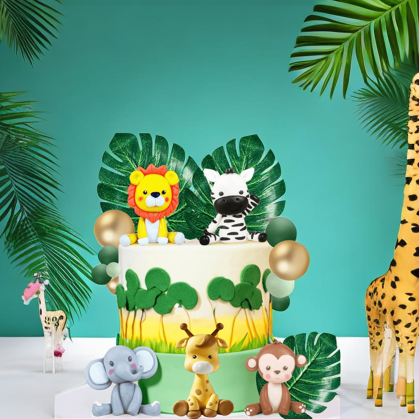 XLENGO 20 PCS Jungle Safari Animal Cake Topper with Lion Giraffe Monkey Elephant Zebra Colourful Balls Leaves Cake Decoration for Baby Shower Safari