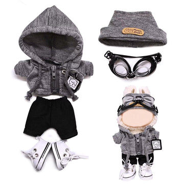 Oufit for Labubu 17cm 15cm Doll Cloth and Accessories with Grey Hoodie, Pants, Shoes, Hat and Goggles (Dolls not Included) 5pcs