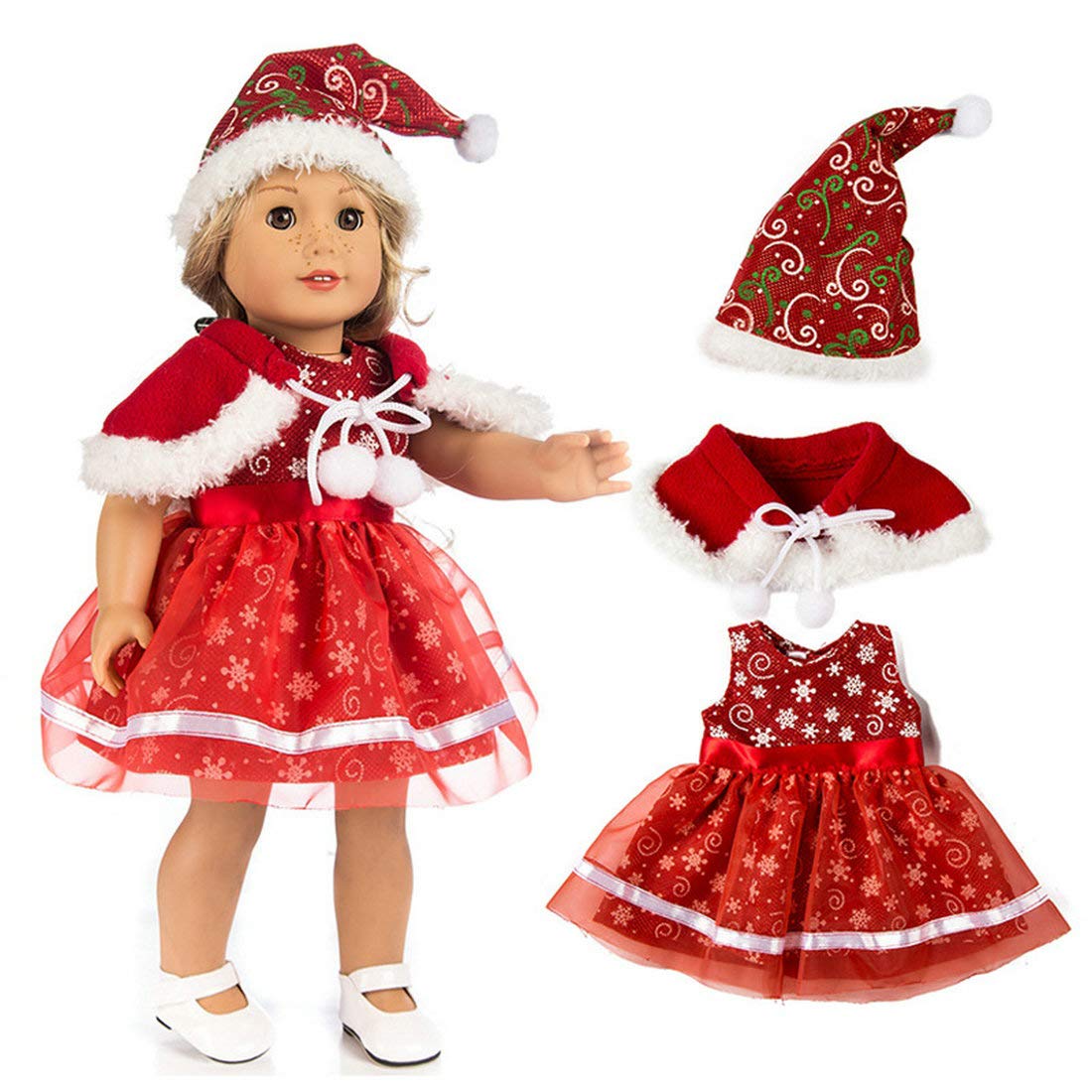 TianBo 3pc Christmas 18 Inch Doll Clothes Red Color Including Snowflake Hat Shawl Dresses Outsuits for Girl Doll and Other 18 Inch Girl Dolls