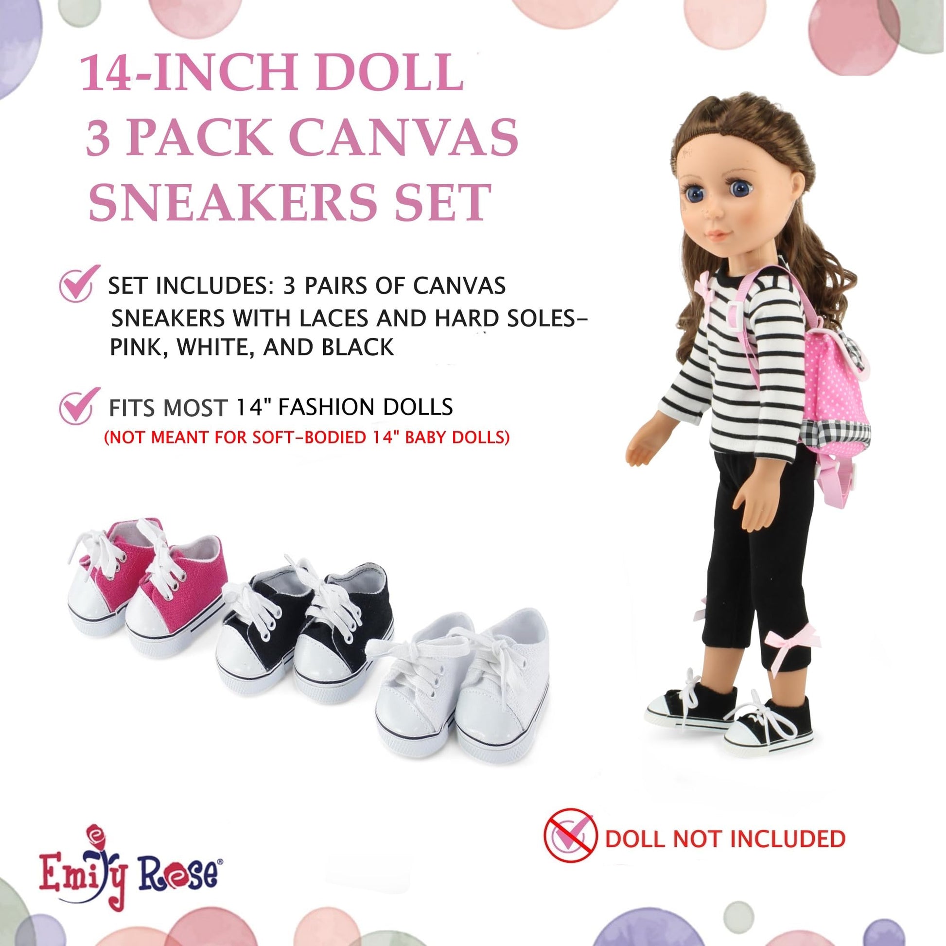 Emily Rose 14 Inch Doll Clothes Accessories | 14" Doll Shoes Value Pack 3 Pack Canvas Sneakers Gift Set | ONLY Compatible with Wellie Wishers