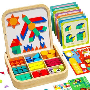 edutree Wooden Magnetic Pattern Blocks Set with Cards, 288 PCS Montessori Tangram Puzzle Learning Toys for Toddlers 4-8, Educational STEM Gift