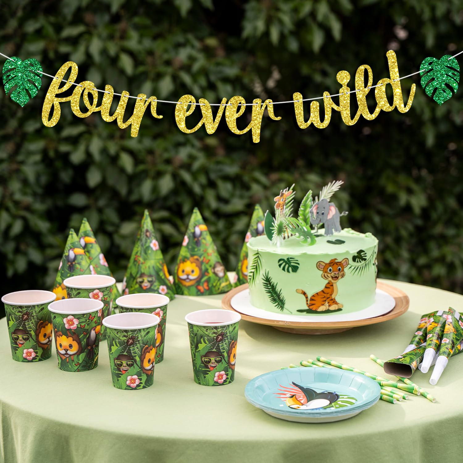 Fourever Wild Banner, Boys Girls 4th Birthday Hanging Decorations, Jungle Wild Safari Zoo Themed Happy 4th Birthday Party Decorations Supplies