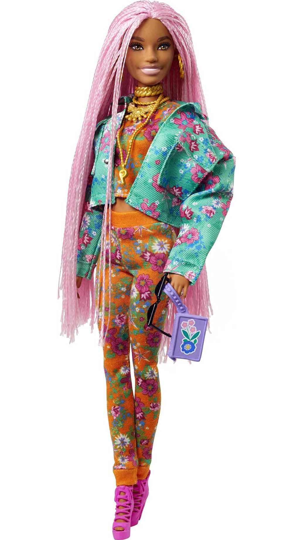 Barbie Extra Doll & Accessories with Long Pink Braids in Teal Floral Jacket & 2-Piece Floral Outfit with DJ Pet Mouse