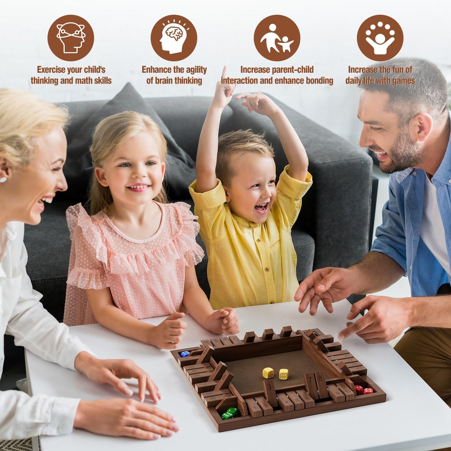 PRIMBARBER Shut The Box Game Wooden 1 2 3 4 Players Shut The Box Board Games with 8 Dice Math Addition and Pub Close The Box Game Wodden for Kids