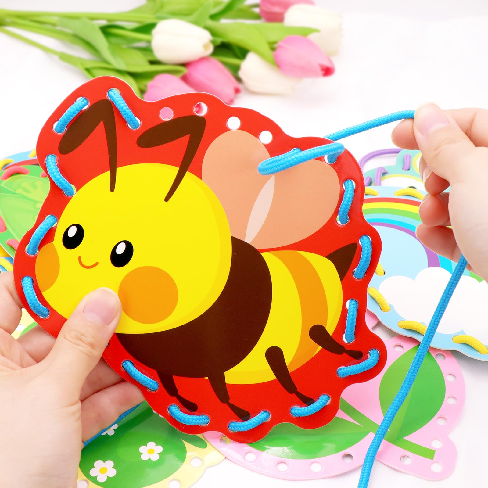 Springtime Lacing Cards for Kids 12 Packs Sewing Kits Rainbow Flower Butterfly Cardboard Sewing Cards Lacing Games for Developing Imagination School