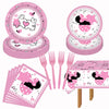 51 Pack Pink Cartoon Birthday Party Tableware Kit - Dessert Plates Napkins Tablecloth Tableware Kit for Girls 1st 2nd 3rd 4th 5th 6th Birthday Party