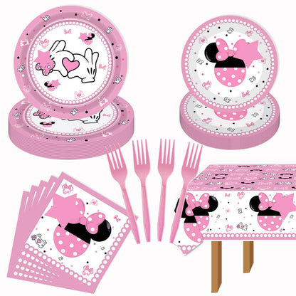 51 Pack Pink Cartoon Birthday Party Tableware Kit - Dessert Plates Napkins Tablecloth Tableware Kit for Girls 1st 2nd 3rd 4th 5th 6th Birthday Party