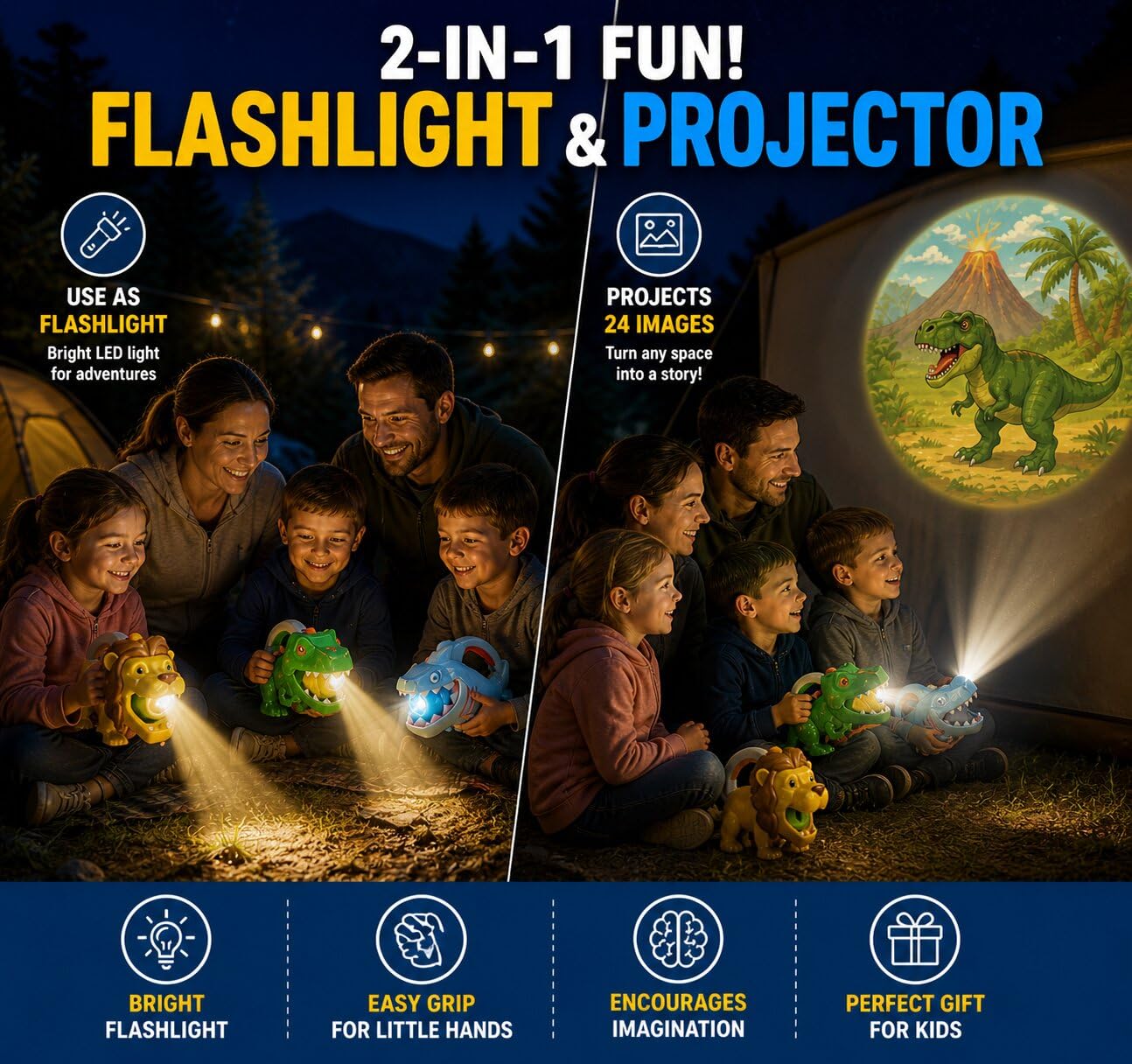 Kid Galaxy Flashlight & Projector - Lion Theme Toy, 2-in-1 Kids Flashlight with 3 Image Discs & 24 Color Pictures, Safari Animal Projection Toy