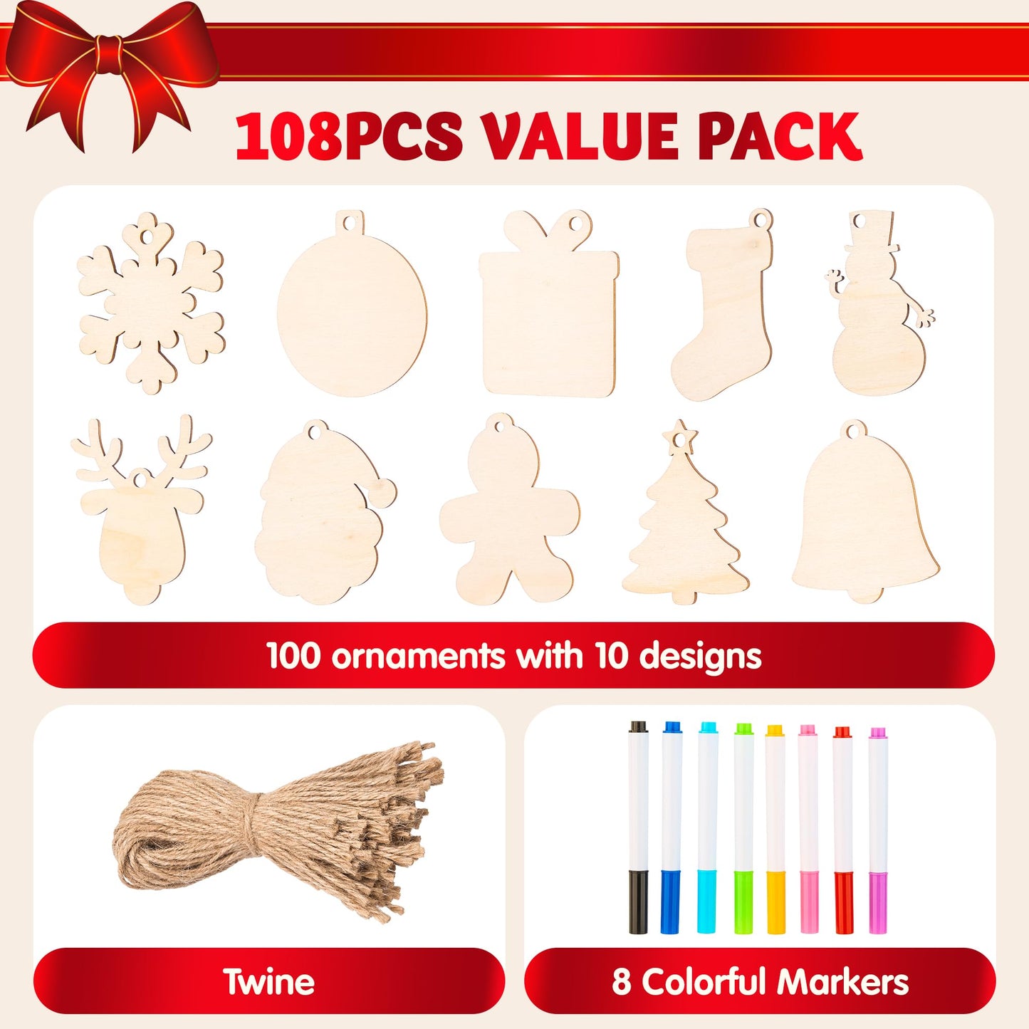 JOYIN 100 Pcs Christmas Wooden Ornaments Crafts to Paint, Unfinished Wood Painting Kits with 8 Watercolor Pens for Kids, Make Your Own DIY Hanging