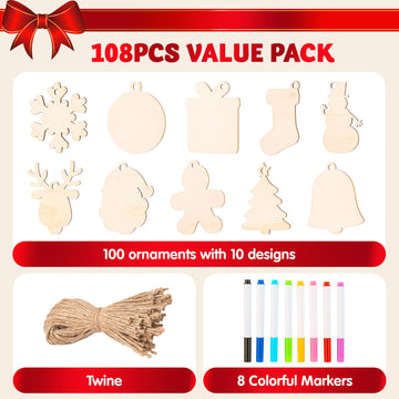 JOYIN 100 Pcs Christmas Wooden Ornaments Crafts to Paint, Unfinished Wood Painting Kits with 8 Watercolor Pens for Kids, Make Your Own DIY Hanging
