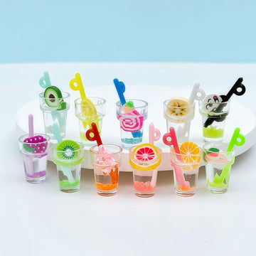 11 Pcs Miniature Dollhouse Drinks Set - Resin Glass Cup and Fruit Beverage Bottles, Simulated Drink Models for Summer Leisure-Themed Decor Decor, 1.07