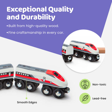 Maxim Enterprise, inc. Wooden Bullet Train, Wooden Train Set of 2 Modern Engines 1 Sleek Passenger Car with Magnetic Connectors, Compatible