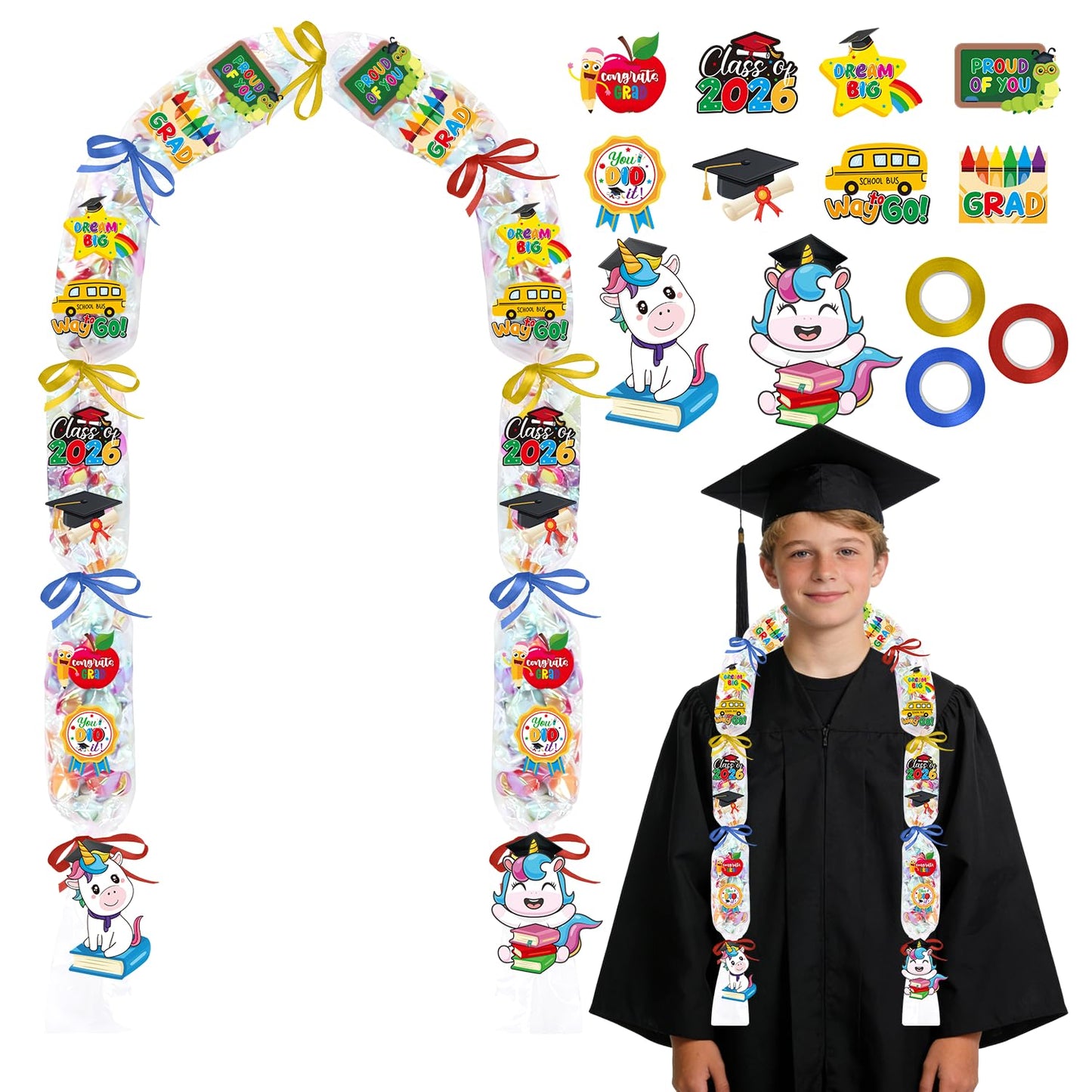 Silkovahamd Kindergarten Graduation Leis 2026 - Candy Lei Making Kit, 12 Candy Poly Tubing Clear 60 Paper Cards 3 Ribbon Rolls, Class of 2026