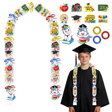 Silkovahamd Kindergarten Graduation Leis 2026 - Candy Lei Making Kit, 12 Candy Poly Tubing Clear 60 Paper Cards 3 Ribbon Rolls, Class of 2026