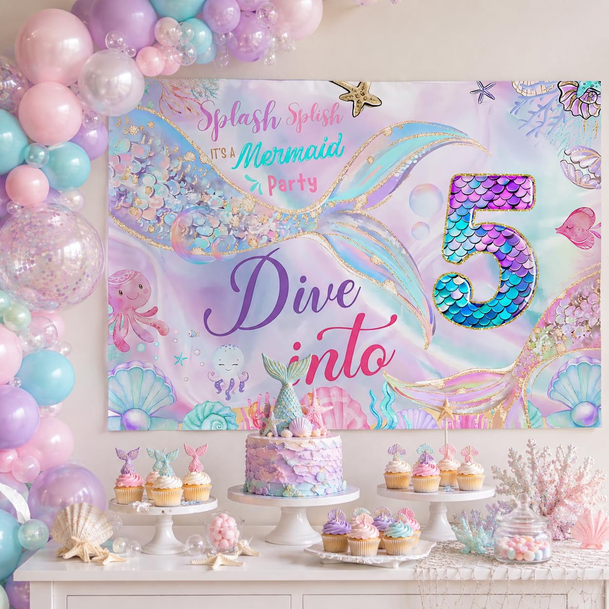 Mermaid birthday decorations Mermaid 5th Happy Birthday Backdrop Banner for Girls Party Under The Sea Birthday Party Decorations 5th birthday mermaid