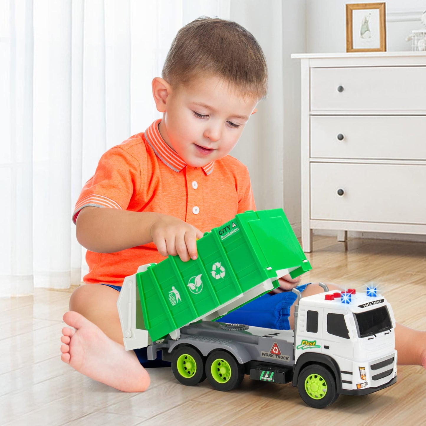 MOBIUS Toys Garbage Truck - Large 1:12 Scale Recycling Truck with Lights, Sounds & Moving Parts - Durable BPA-Free Trash Truck for Kids Ages 3-7