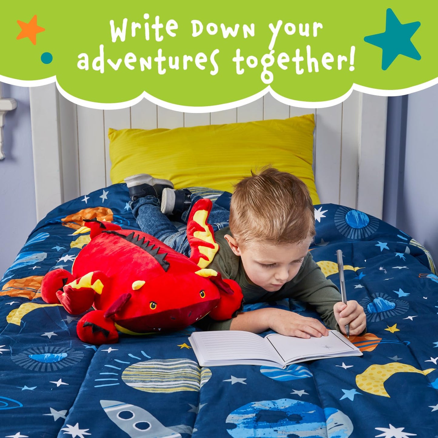 MEMORY MATES Jax the Red Dragon Memory Foam Pillow Plush with Kid's Diary that Stores in Belly Pocket, 15” Stuffed Animal, 6" Journal