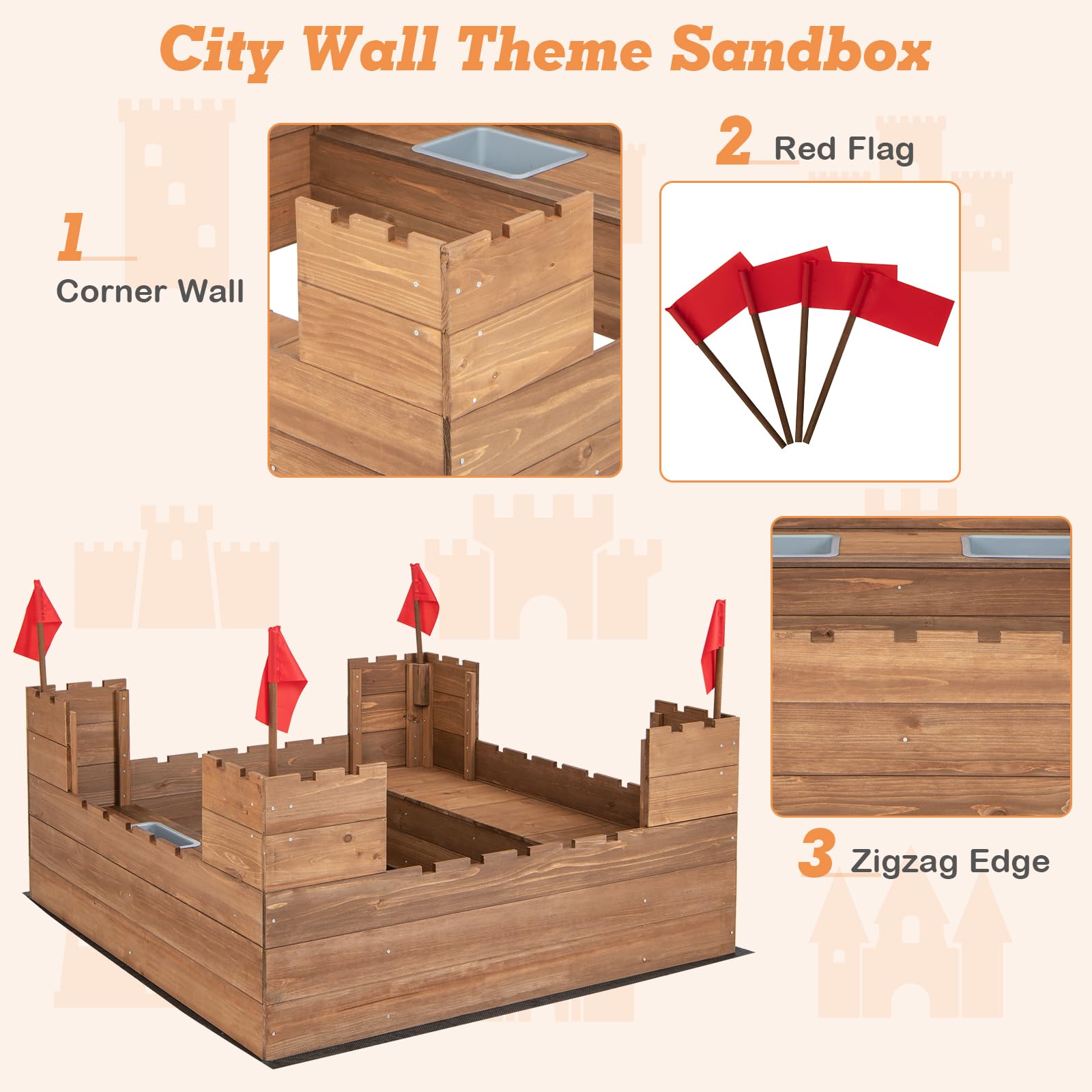 HONEY JOY Kids Sandbox, Cedar Bottomless Sand Pit for Backyard, 4 Red Flags & Bottom Liner, Side Bench & 2 Boxes, Wooden Sand Boxes for Kids Outdoor