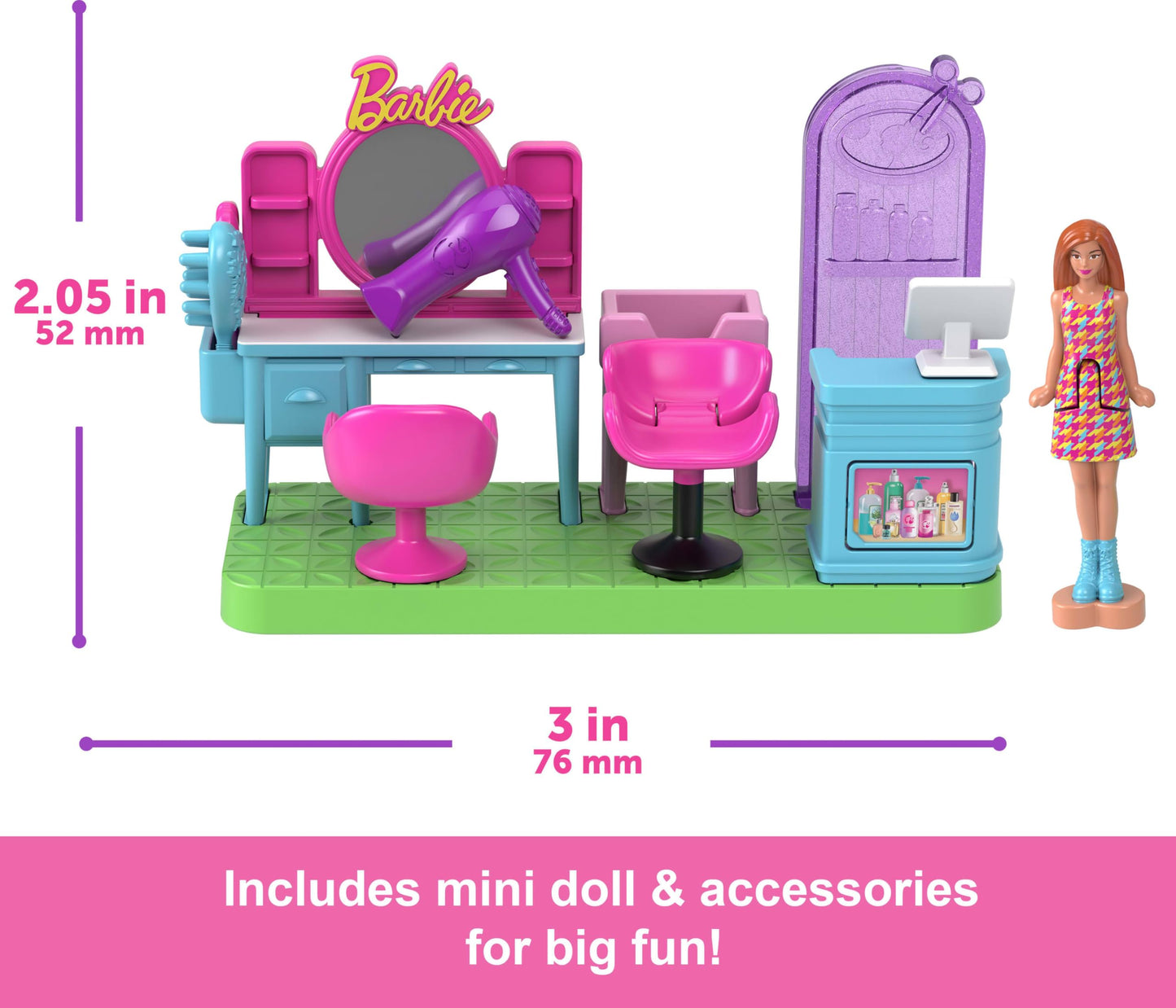 Barbie Mini BarbieLand Collectible Hair Salon Playset with 1.5-Inch Doll, Style Station with Mirror, Shampoo Area and Reception Desk for Storytelling