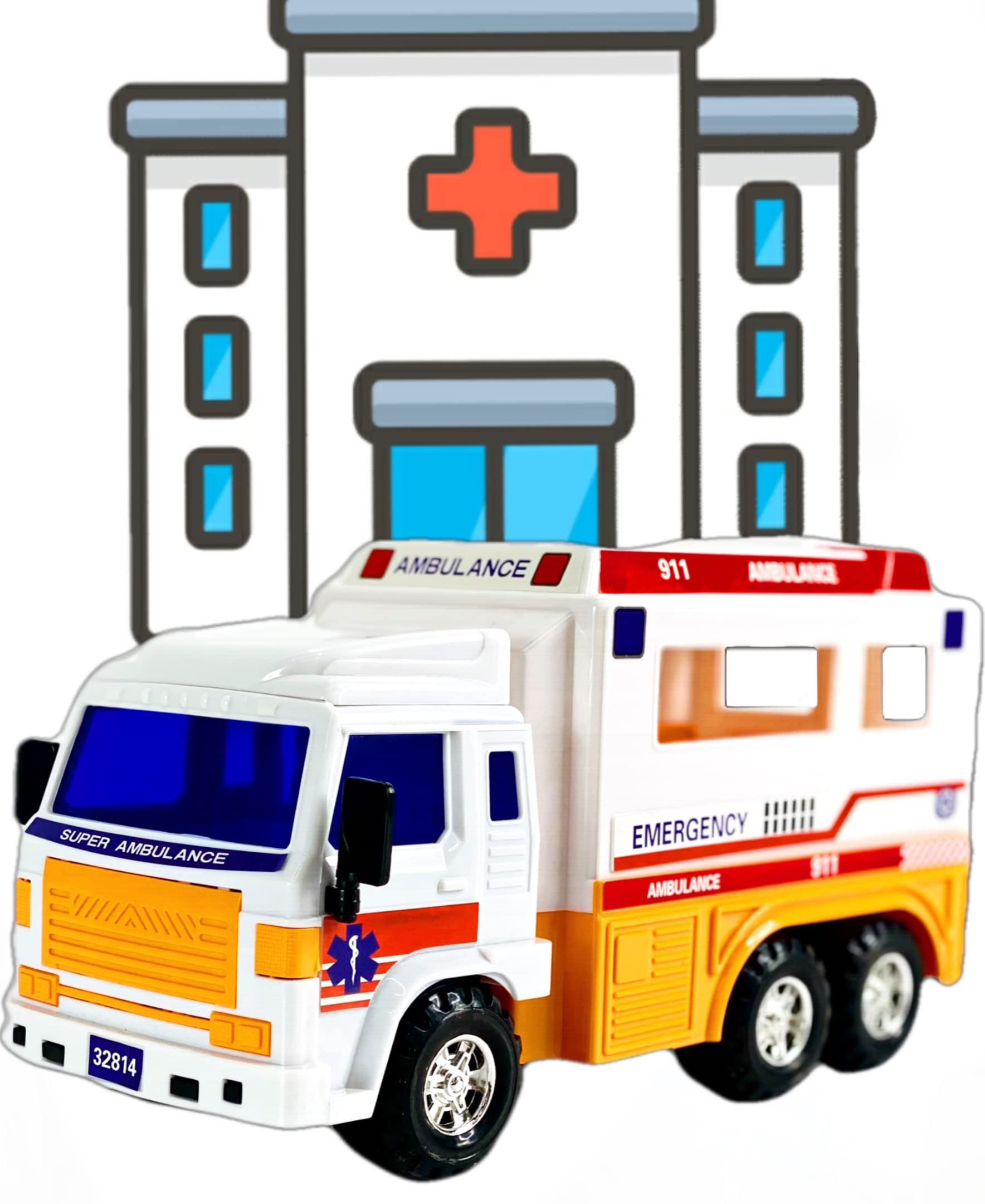 Big-Daddy Meduim Duty Friction Powered 911 Ambulance Toy Truck with Open and Close Back Doors for More Fun Play Time