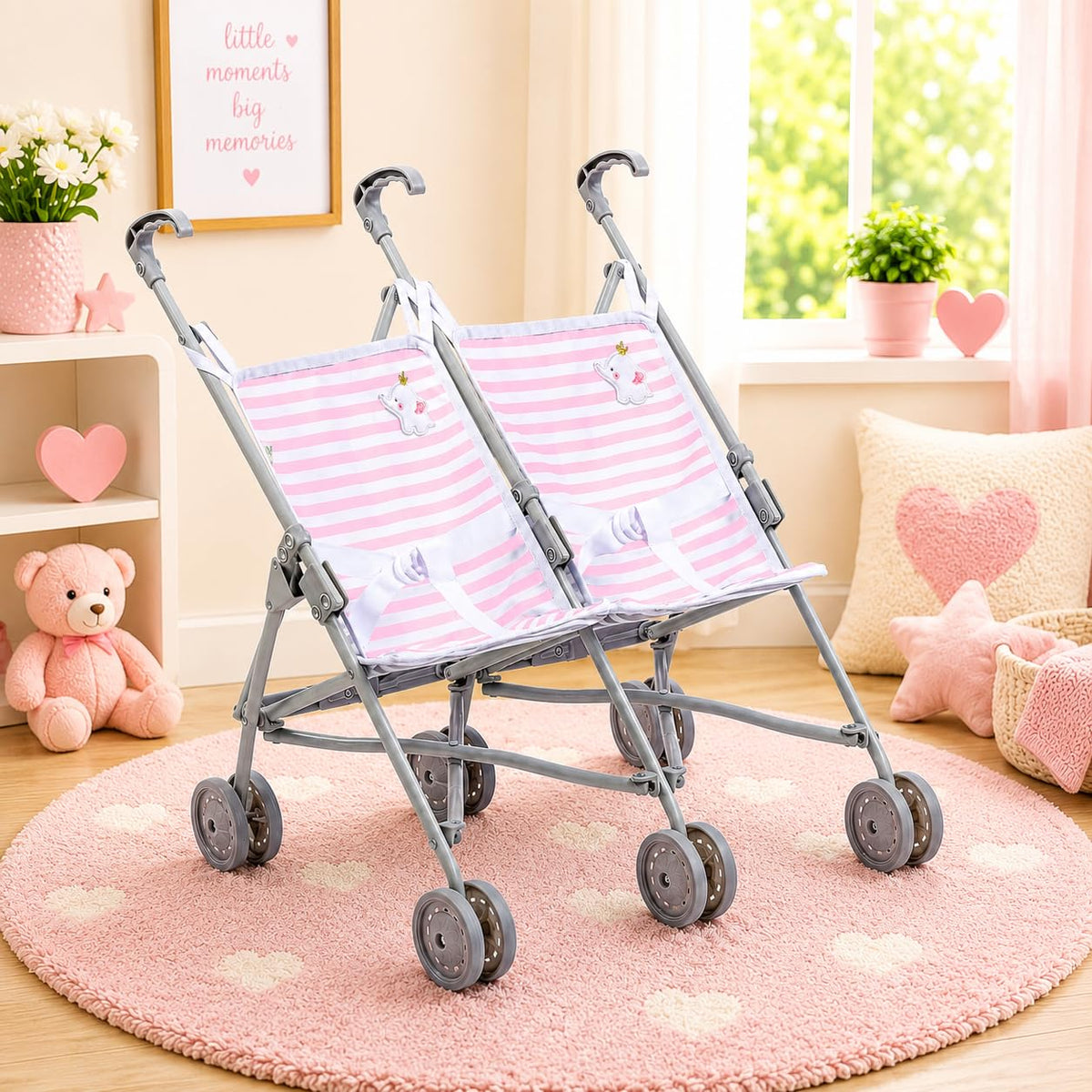 JC Toys Boutique | Twin Folding Umbrella Doll Stroller for Children 2 Years Plus, Pink Stripes and Soft Embroidery | Sturdy Metal Frame | Pretend Play