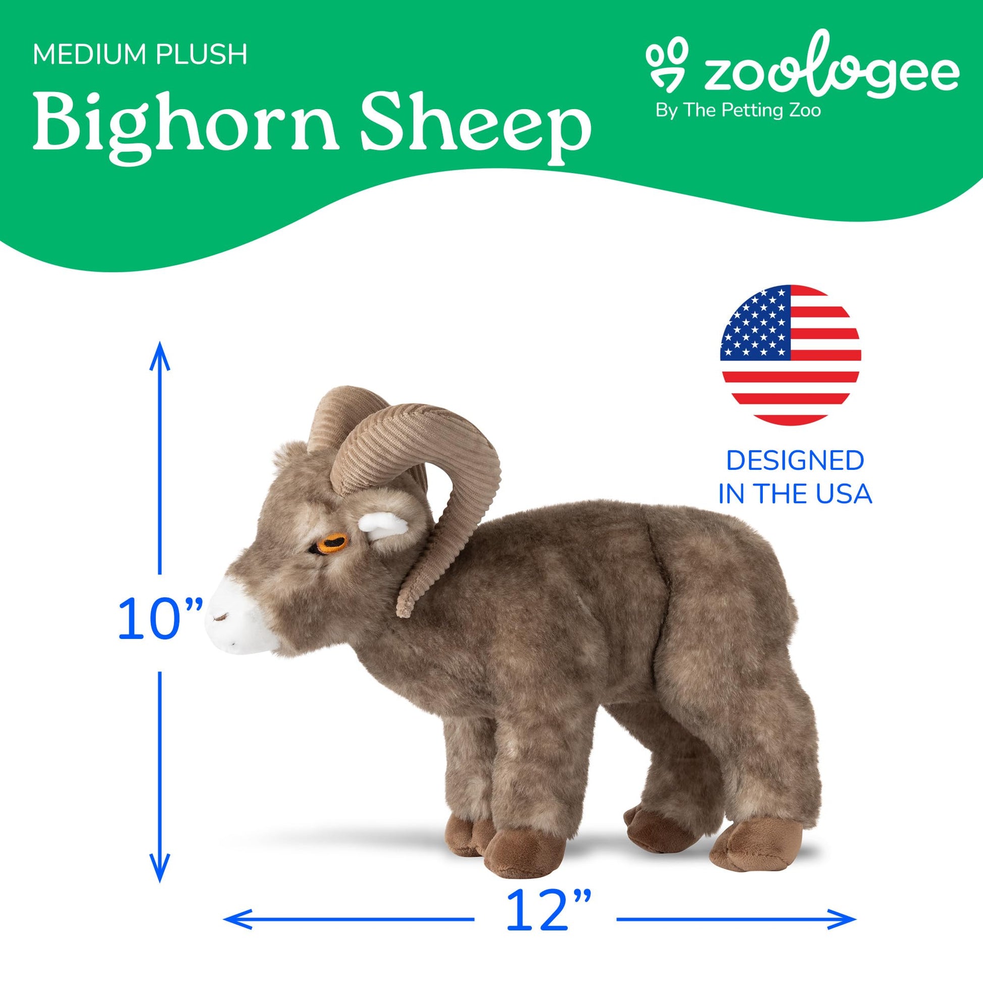 The Petting Zoo Bighorn Sheep Stuffed Animal Plushie, Gifts for Kids, Earth Keeperz Wildlife Animals, Zoologee Brown Bighorn Sheep Plush Toy, 12