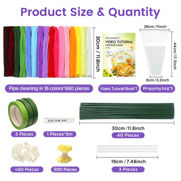 660 PCS Pipe Cleaner Flower Kit, 16 Colors Thick Chenille Stems Pipe Cleaner Bulk, Pipe Cleaners Craft Supplies with Viedo Instruction, Floral Wires