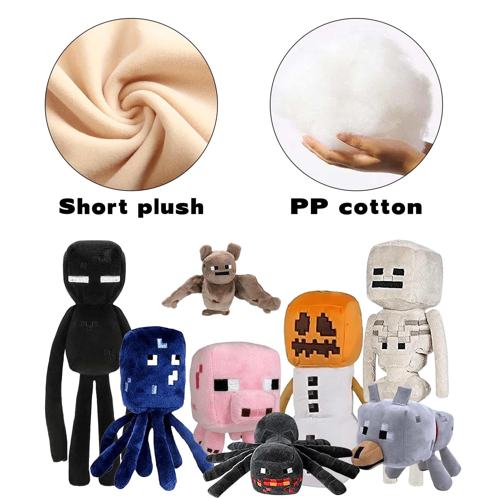 XSLWAN 8Pack Snow Golem Plush, Enderman Plush, Baby Wolf, Baby Pig, Spider, bat, Skeleton Shooter, Squid Stuffed Animals Toys?Great Gift for Children