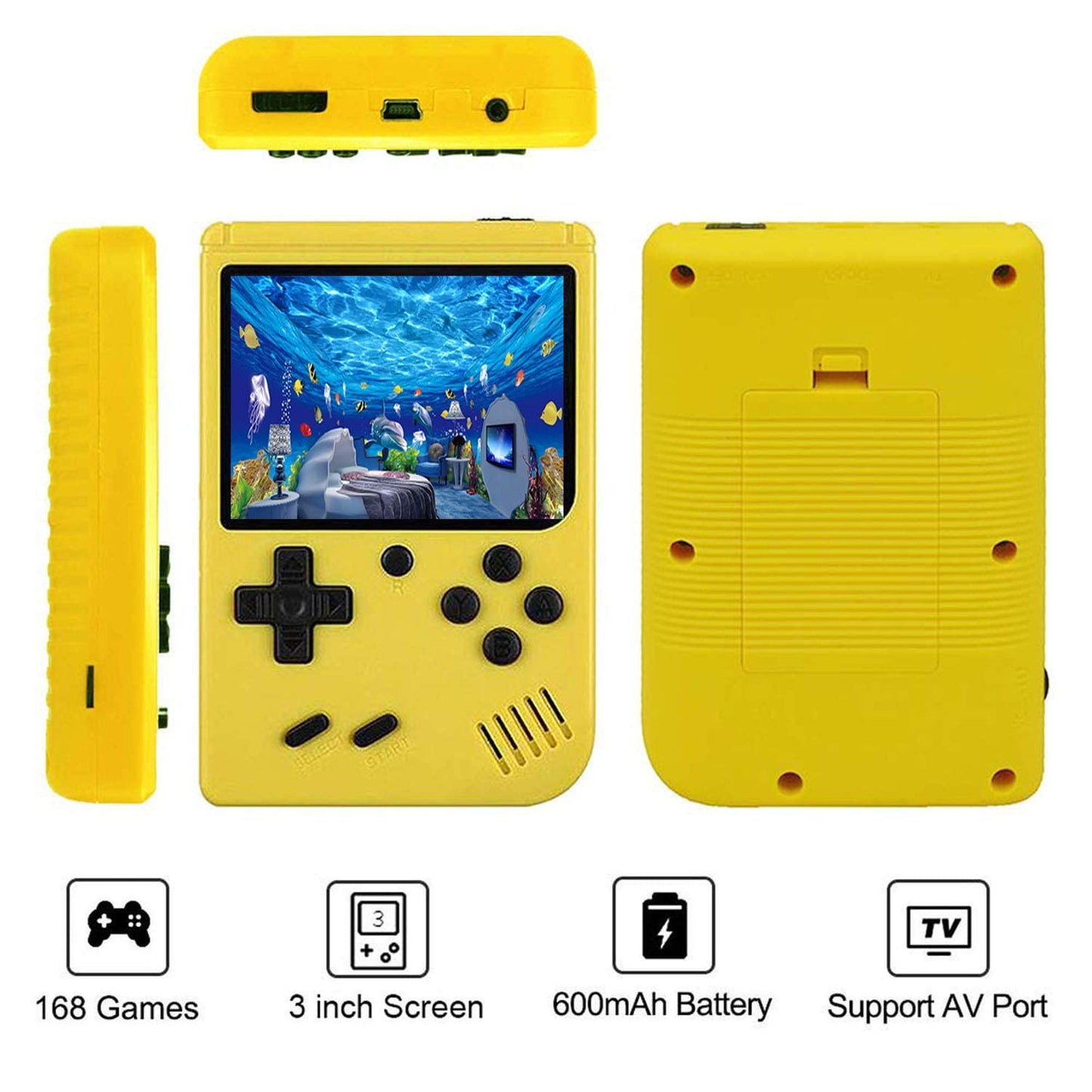 JAFATOY Retro Handheld Games Console for Kids/Adults, 168 Classic 8 Bit Games 3 inch Screen Video Games with AV Cable Play on TV (Yellow)
