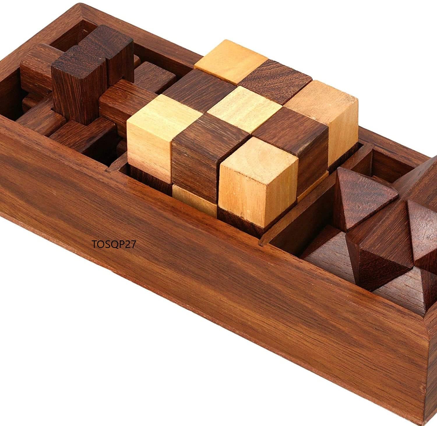 TOSQP27 Gift Wooden Brain Teaser Puzzle Set for Adults & Teens - 3-in-1 Interlocking Burr, Snake Cube & Star Puzzle with Handmade Wooden Storage Box
