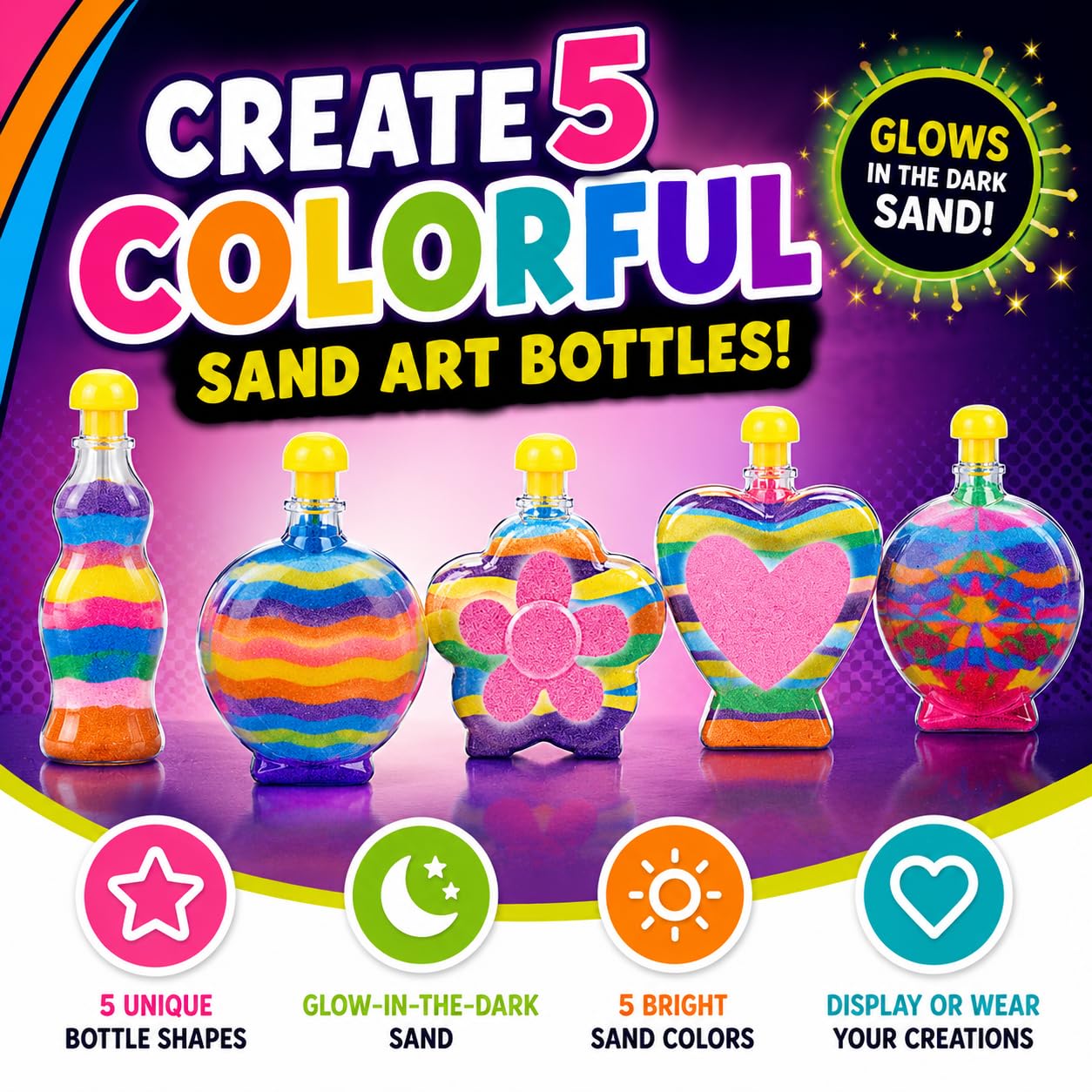 Glow Sand Art Kit, DIY Craft for Girls w/ 5 Necklace Bottles