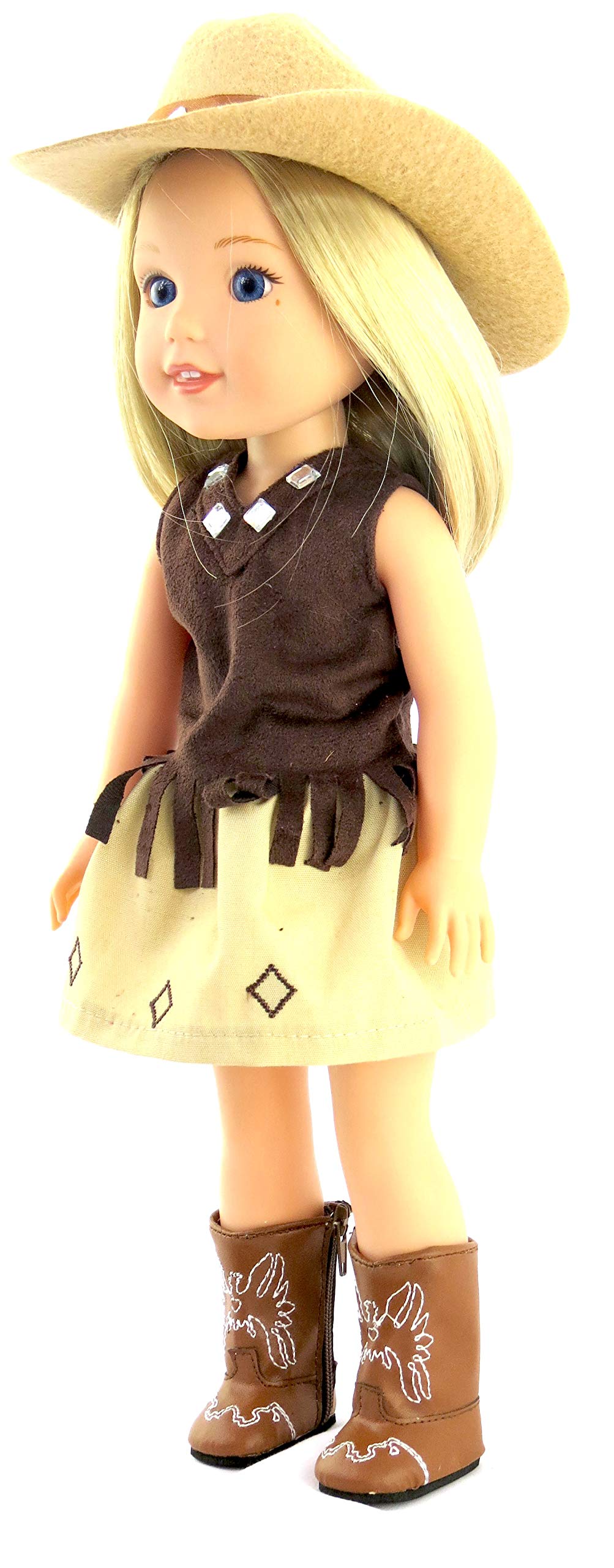 American Fashion World Brown Cowgirl Outfit for 14-Inch Dolls | Hat and Boots Included| Premium Quality & Trendy Design | Dolls Clothes | Outfit