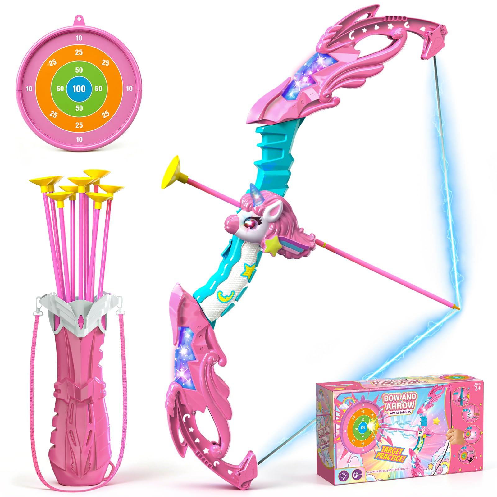 Unicorn Bow and Arrow for Girls Ages 3-12, LED Light Up Kids Archery Set