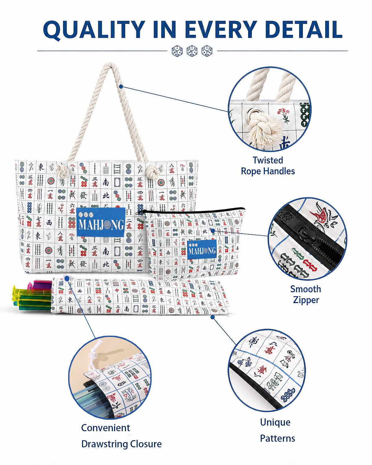 Miyxsin American Mahjong Bags for Tiles and Racks, 3 Pcs Empty Mahjong Carrying Bags, Large Canvas Travel Carry for Travel Mah Jong Accessories,