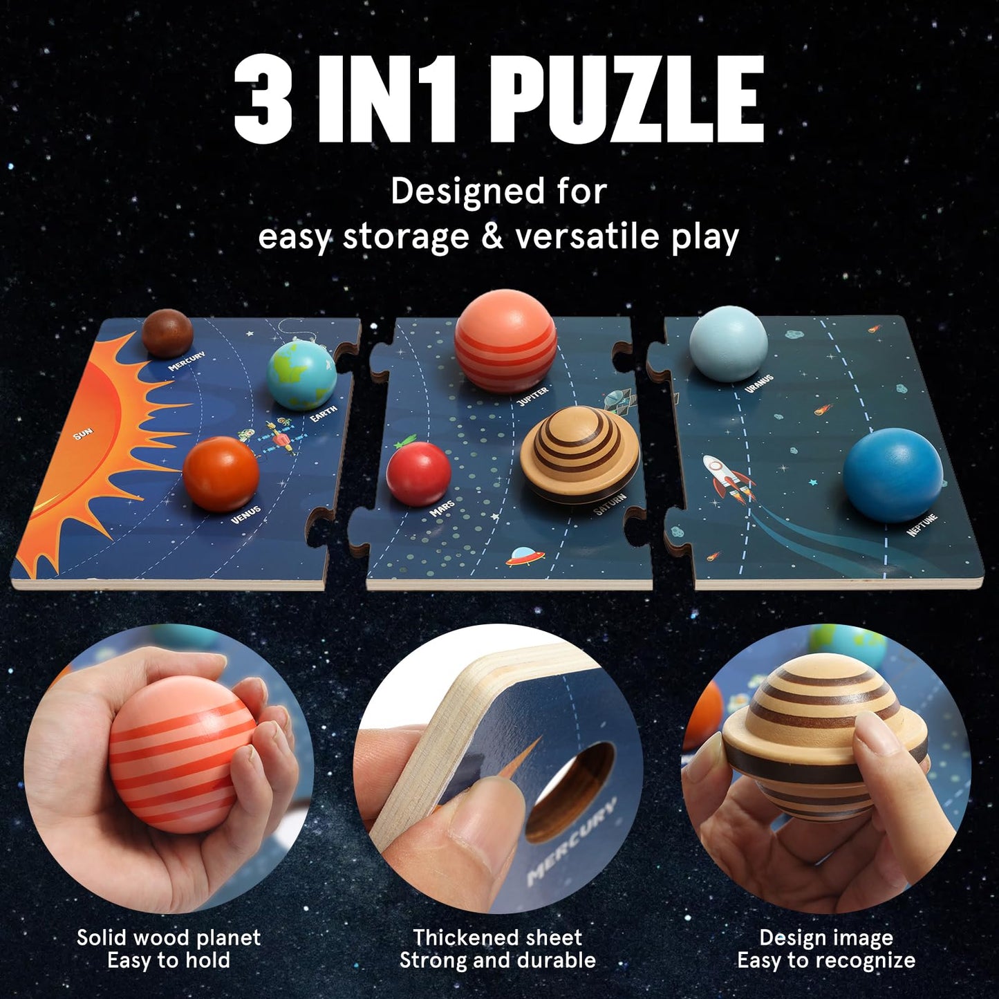 Wooden Solar System Model Board?Kids Solar System with Astronauts ?Montessori Planet Toys,Educational Planets Balls,Preschool Learning Puzzle?Space