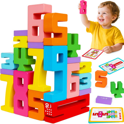 Montessori Wooden Number Building Blocks Toys for Toddlers Kids Stacking Number Blocks 1-10 Preschool Math Learning Educational Toys for 3 4 5 Year