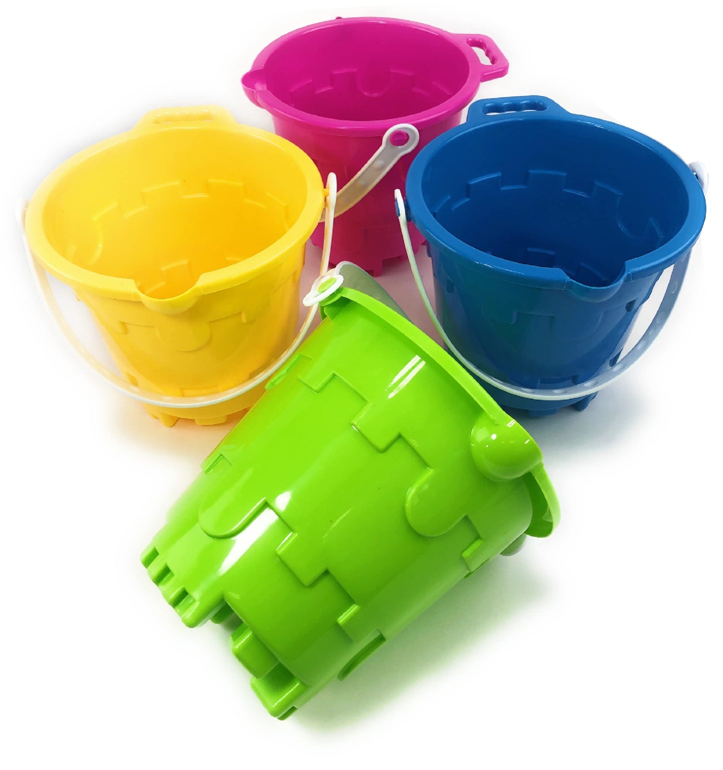 Matty's Toy Stop Beach Gear 7" Plastic Castle Mold Sand Buckets (Pails) with Easy Pour Spout and Handle Blue, Pink, Green & Yellow Party Set Bundle