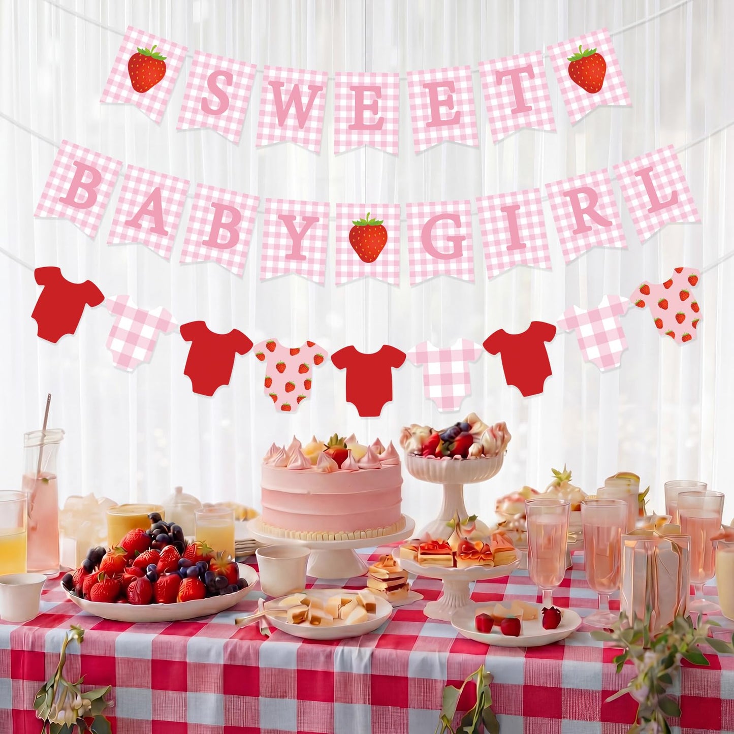 Maitys 3 Pcs Strawberry Baby Shower Decorations Girl Banners Pink Gingham Paper Garland with Baby Clothes Shaped Bunting for Girl Strawberry Birthday