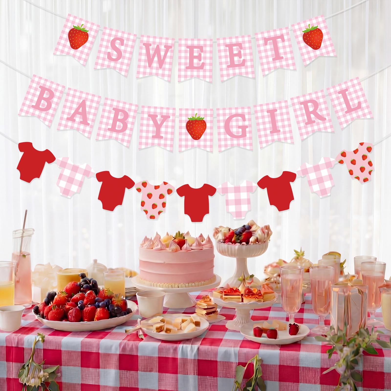 Maitys 3 Pcs Strawberry Baby Shower Decorations Girl Banners Pink Gingham Paper Garland with Baby Clothes Shaped Bunting for Girl Strawberry Birthday