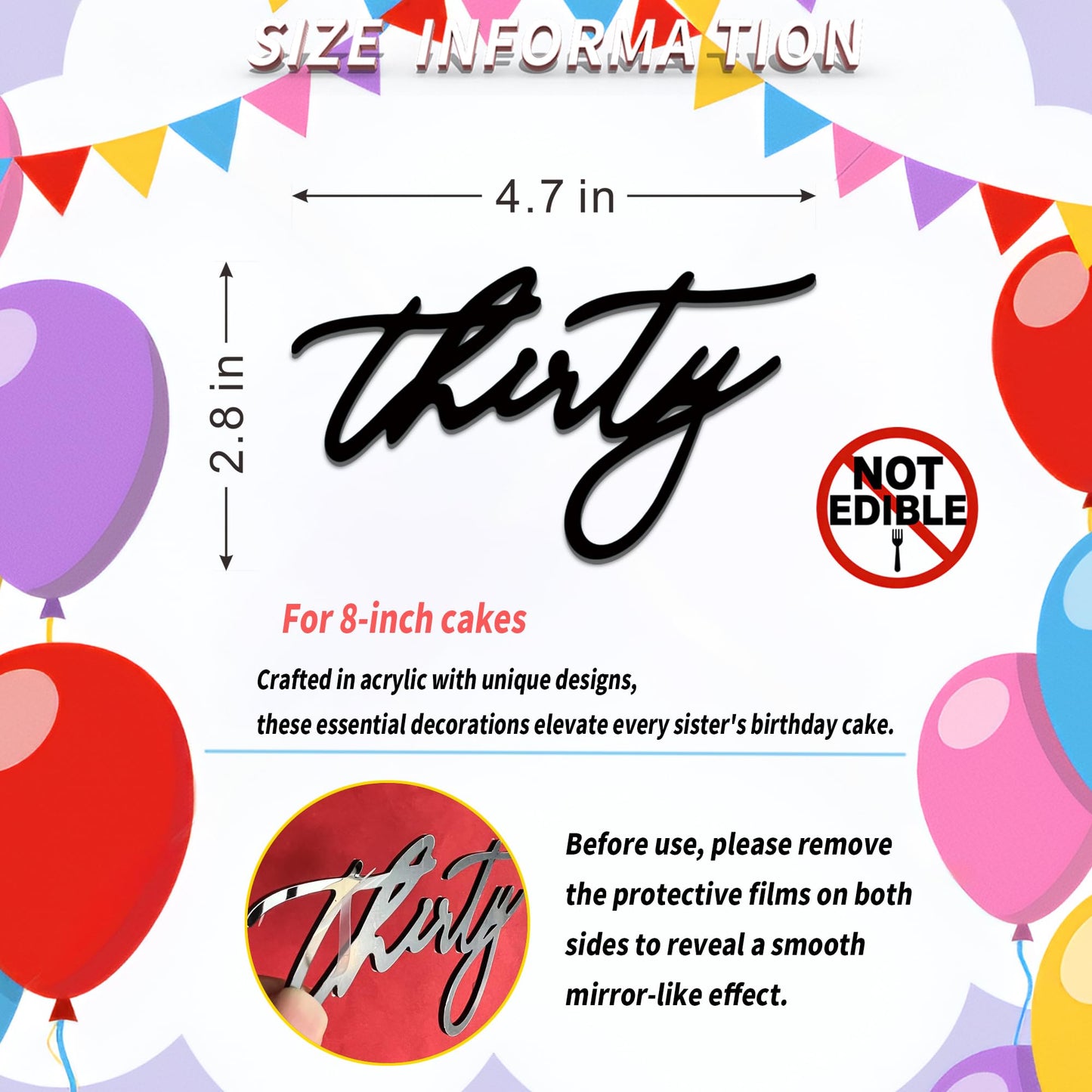 30th Birthday Cake Topper - Acrylic "Thirty" Cake Charm for Milestone Birthday, Dirty 30 Party Decorations for Him & Her (Thirty)