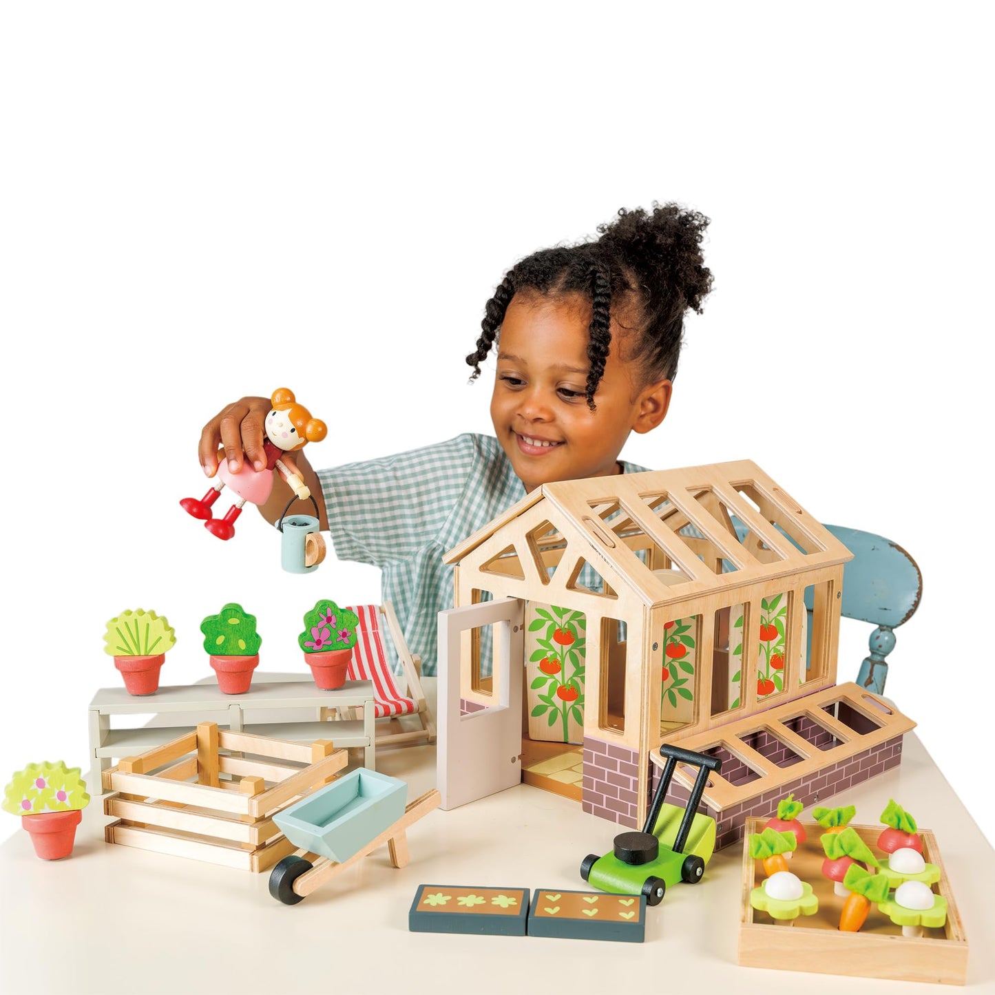Tender Leaf Toys - Greenhouse Garden Set - 28 Pcs Natural Gardening Miniature Pretend Play Set, Wooden Harvest Farm Toys - Inspires Endless
