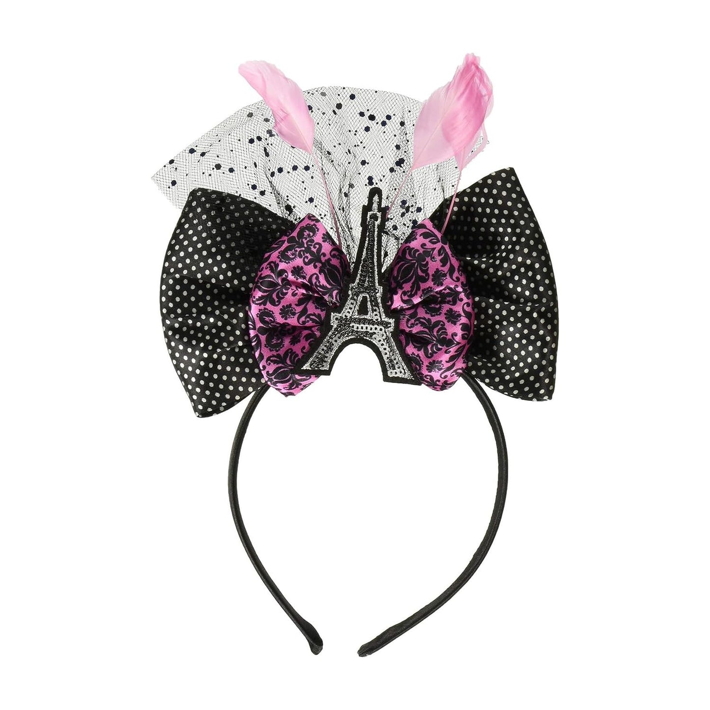 Chic Day in Paris Deluxe Bow Headband - 9" x 6" (1 Pc.) - Elegant Black & Pink Design - Perfect for Any Parties