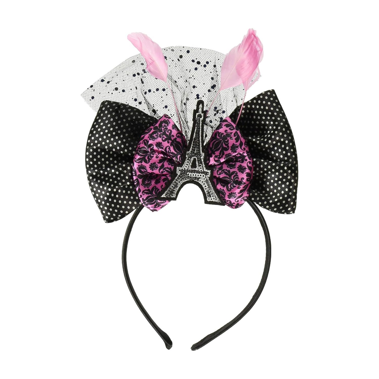 Chic Day in Paris Deluxe Bow Headband - 9" x 6" (1 Pc.) - Elegant Black & Pink Design - Perfect for Any Parties