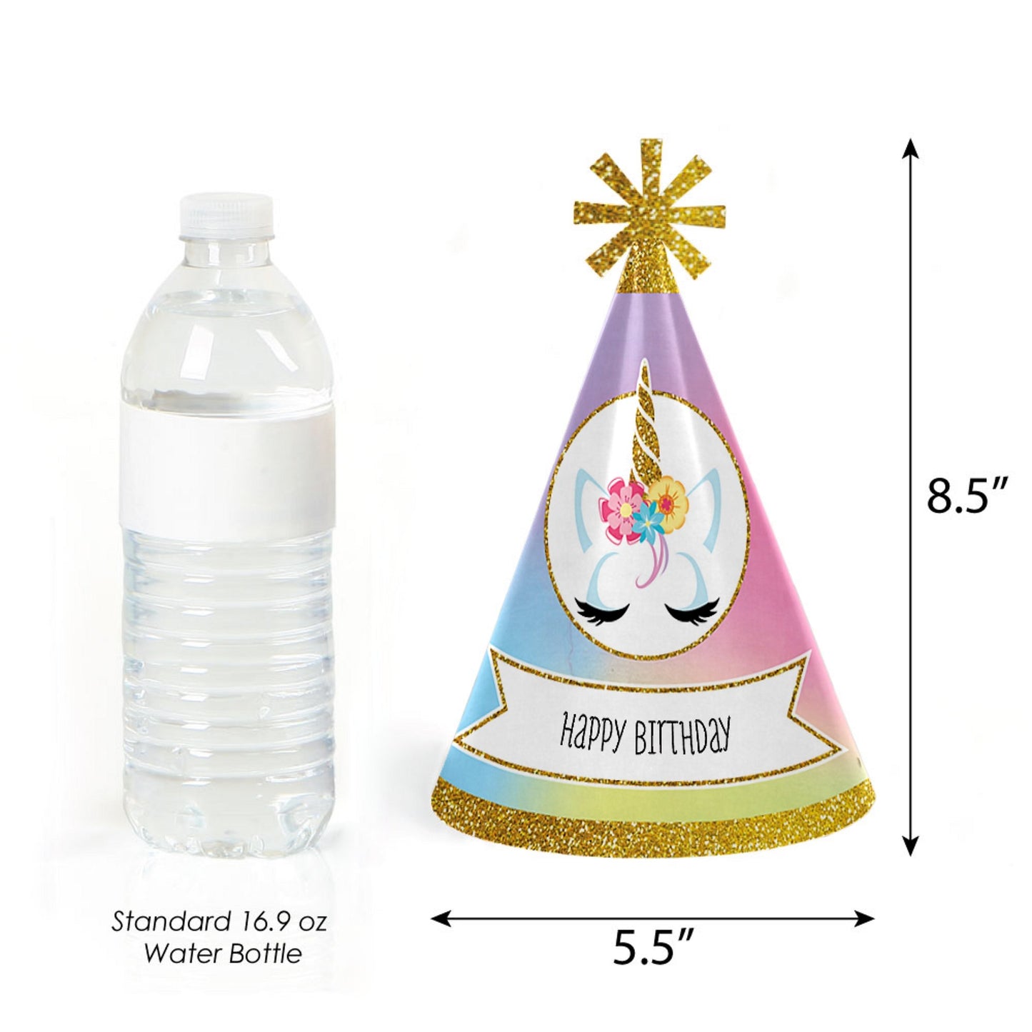 Rainbow Unicorn - Cone Magical Unicorn Happy Birthday Party Hats for Kids and Adults - Set of 8 (Standard Size)