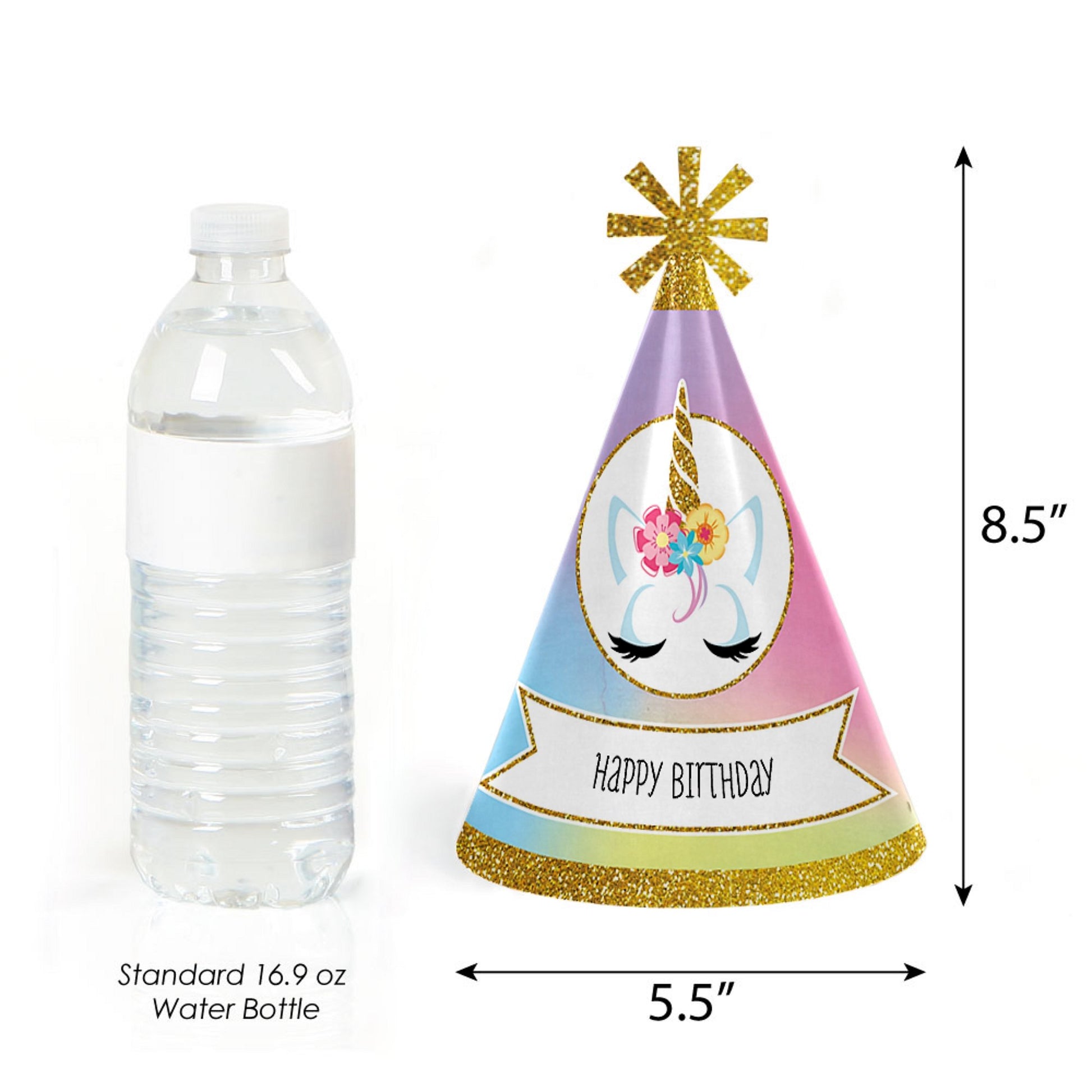 Rainbow Unicorn - Cone Magical Unicorn Happy Birthday Party Hats for Kids and Adults - Set of 8 (Standard Size)
