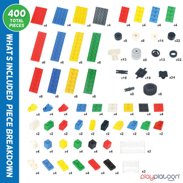Play Platoon 400 Piece Wheels and Axles Sets, Building Bricks Car Parts & Pieces Kit - Car Building Set with Wheels, Axles & Windshields and Bonus