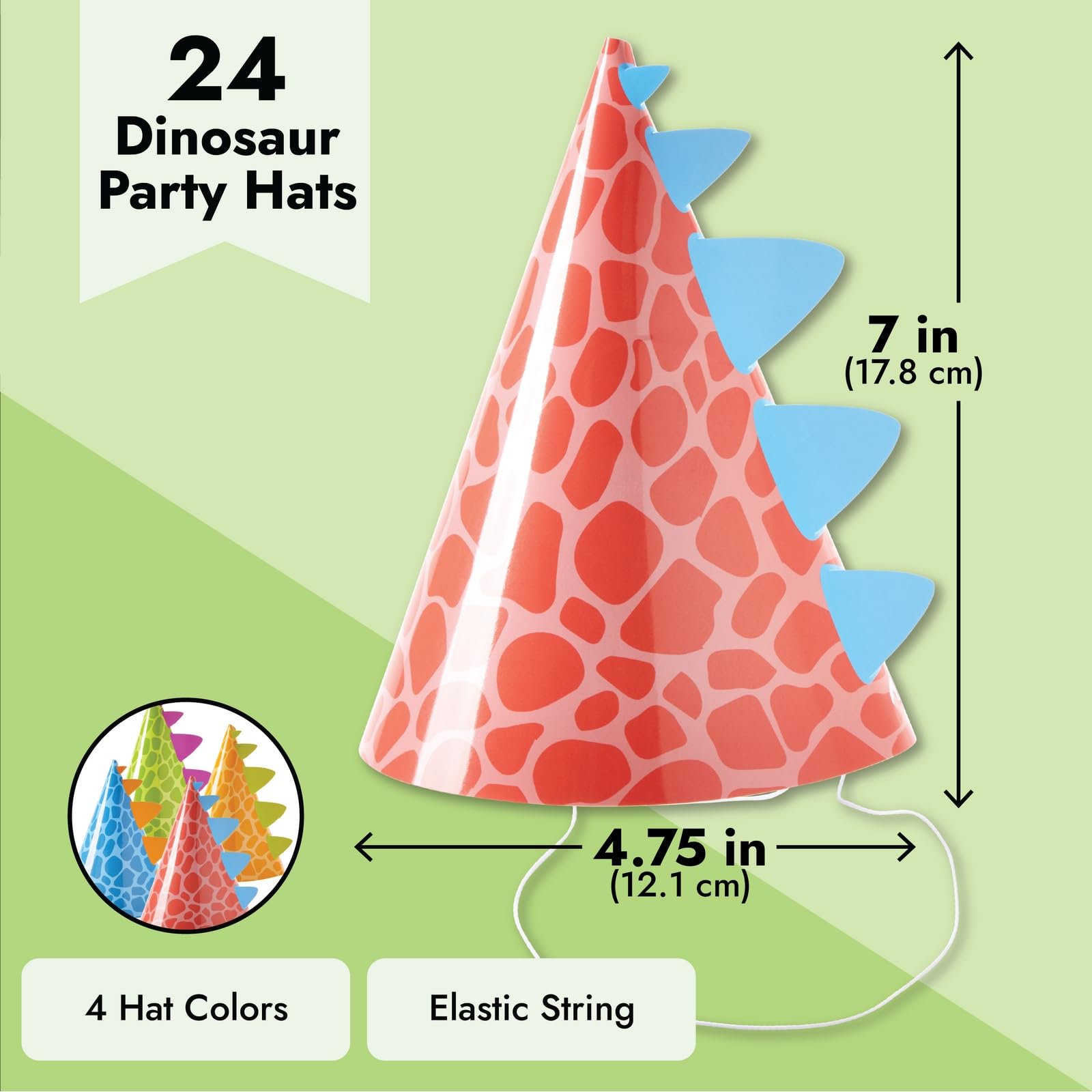 BLUE PANDA Dinosaur Party Hats - 24 Pack, Multicolor T-Rex Cone, One Size Adjustable - Birthday & Party Hats for Kids & Toddlers