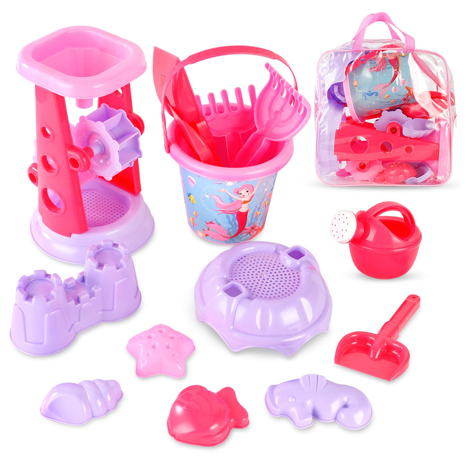 13-Piece Pink Princess Beach Sand Toy Set for Girls - Sand Playset with Sand Wheel, Mermaid Bucket, Water Pot, Shovels, Rakes, Molds & Zippered