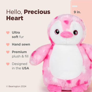 Bearington Precious Heart Penguin Stuffed Animal - 9" Pink and White Valentines Stuffed Animal with Soft Fur and Weighted Inner Bean Bags - Adorable