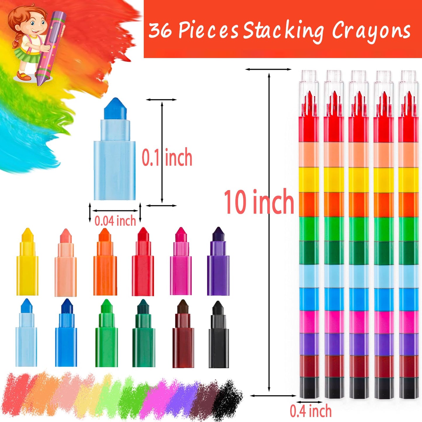 Extrapins 36 Pieces Colorful Stackable Crayons, 12 Colors Buildable Stacking DIY Crayons for Drawing, Coloring, Classroom, Office, School Supplies